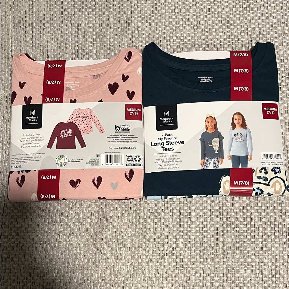 NWT Members Mark Girls Long Sleeve Tees - Pink and Blue Size Medium (7/8)